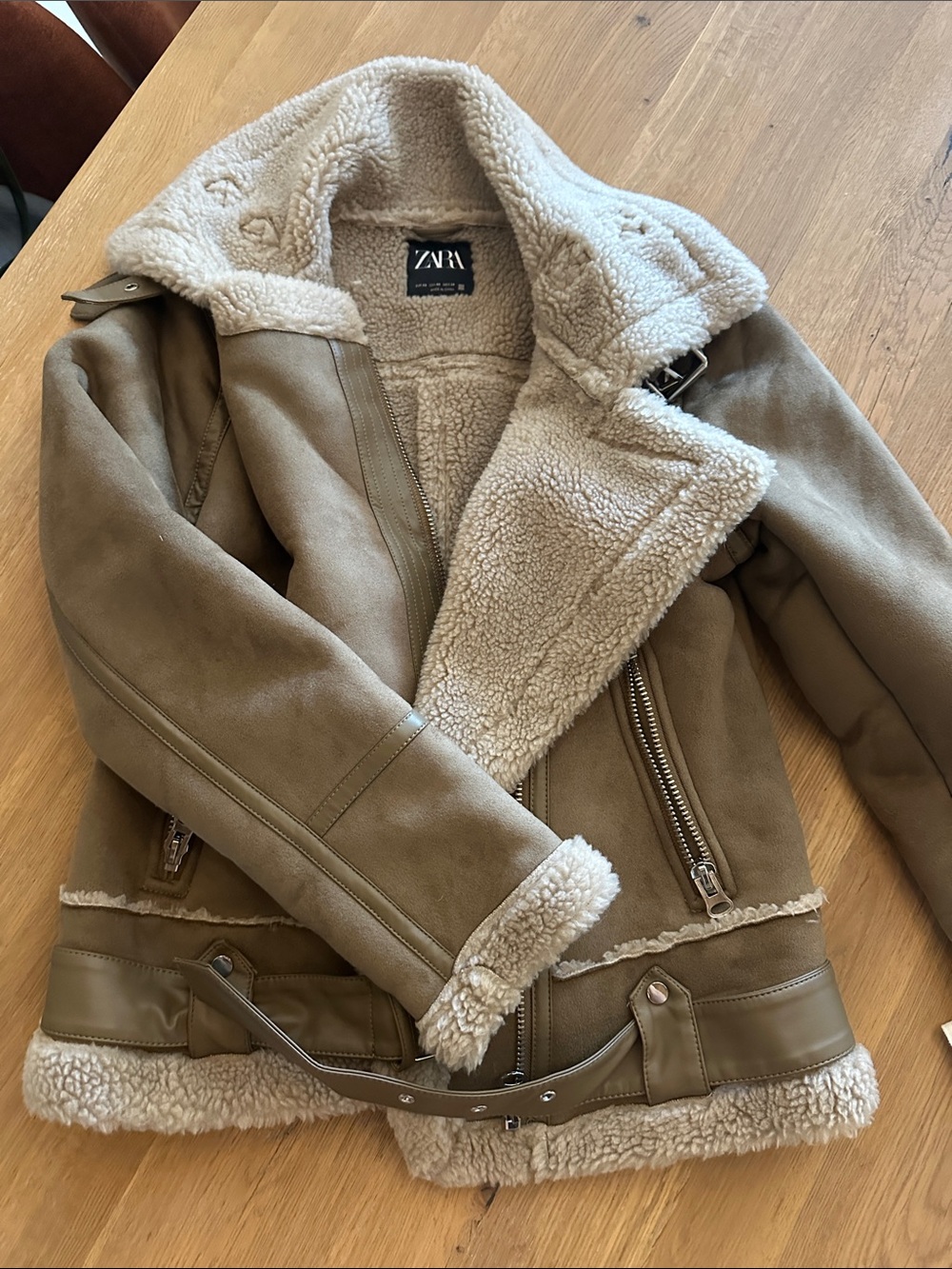 ZARA Taupe Teddy Shearling Jacket with Cream Lining